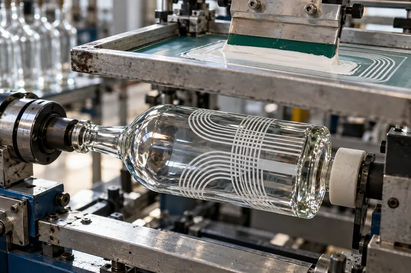 Screen printing a line pattern onto a clear glass bottle