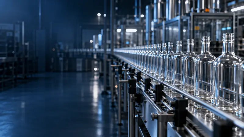 Clear glass spirits bottles moving along a stainless-steel conveyor in a bottle factory
