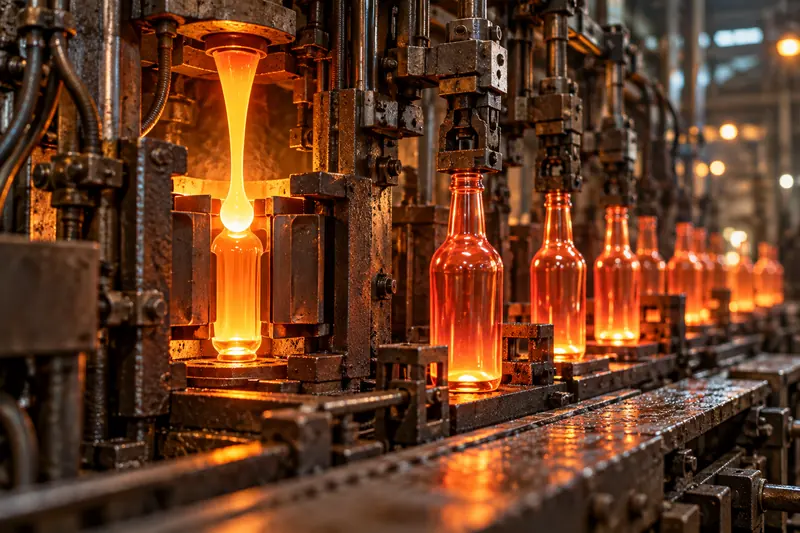 Glowing glass gob dropping into a bottle forming machine