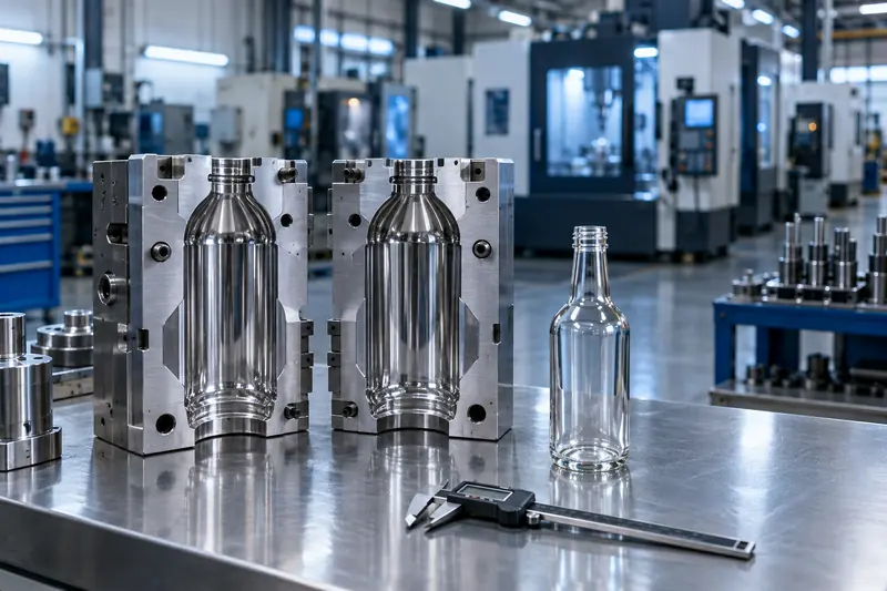 Polished steel bottle mold halves beside a clear bottle and a digital caliper