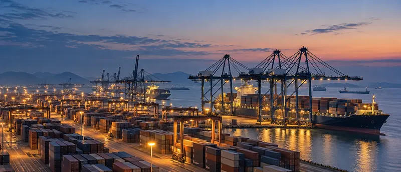 Container terminal with gantry cranes and a container ship at dusk